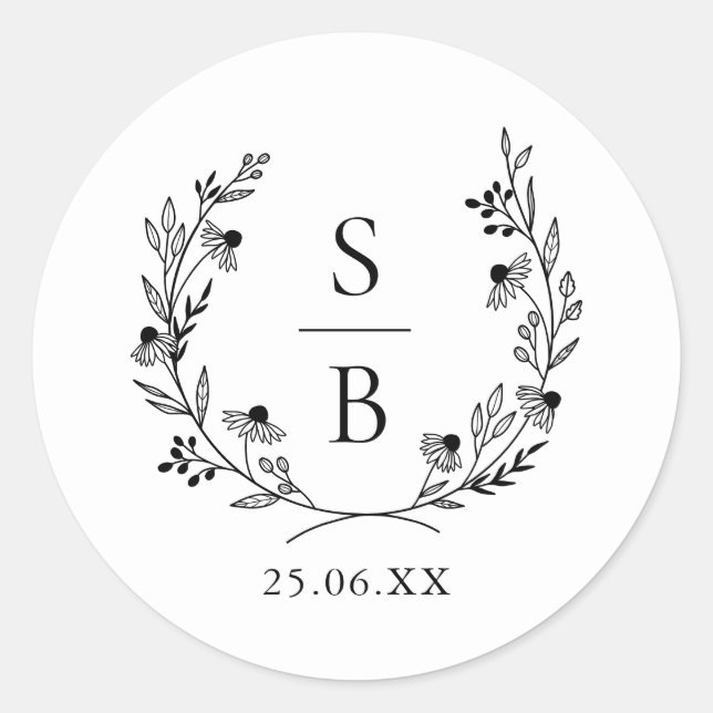 Sticker Rond Élégant Mariage de couronne de monogramme botaniqu (Devant)