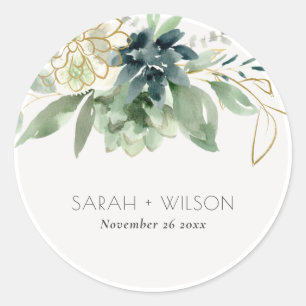 Sticker Rond Élégant Mariage de feuillage gris bleu bleu brilla