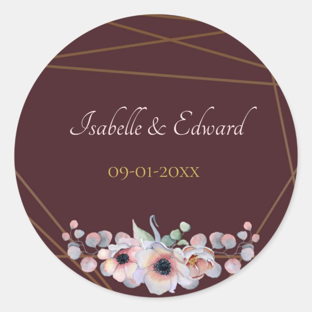 Sticker Rond Élégant Mariage de Fleurs d'anémones Marsala Blush (Devant)