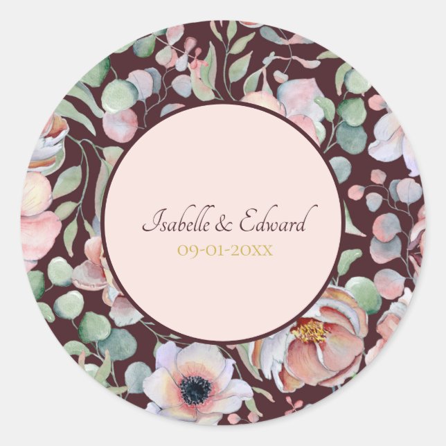 Sticker Rond Élégant Mariage de Fleurs d'anémones Marsala Blush (Devant)