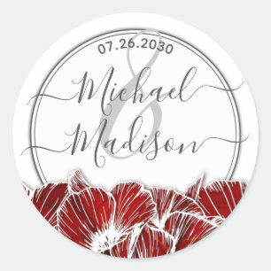 Sticker Rond Élégant Mariage de fleurs de pavot rouge