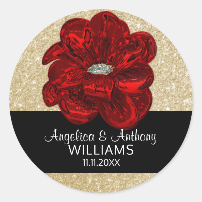 Sticker Rond Élégant Mariage de fleurs doré, noir, rouge rose (Devant)