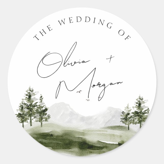Sticker Rond Elégant Mariage de forêt de montagne aquarelle (Devant)