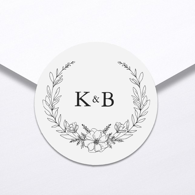 Sticker Rond Élégant Mariage de monogramme de couronne florale (Créateur téléchargé)