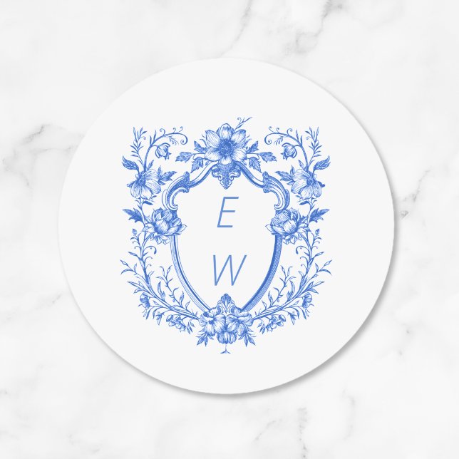 Sticker Rond Élégant Mariage de monogramme de crête bleue (Elegant Blue Crest Monogram Wedding Classic Round Stickers)
