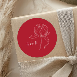 Sticker Rond Élégant Mariage de monogramme de pivoine rouge
