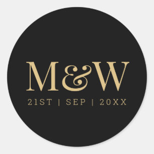 Sticker Rond Élégant Mariage de monogramme d'or noir
