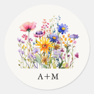 Sticker Rond Élégant Mariage de monogramme floral pressé