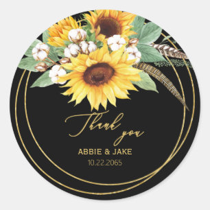 Sticker Rond Elégant Mariage de plumes de tournesol noir