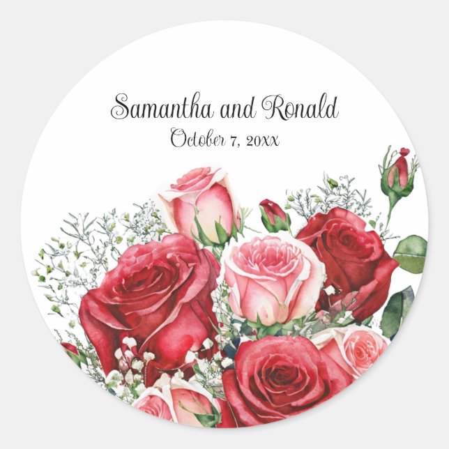 Sticker Rond Élégant Mariage de roses rouges et roses (Devant)