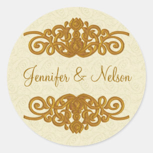 Sticker Rond Elégant Mariage d'enveloppe crème et or