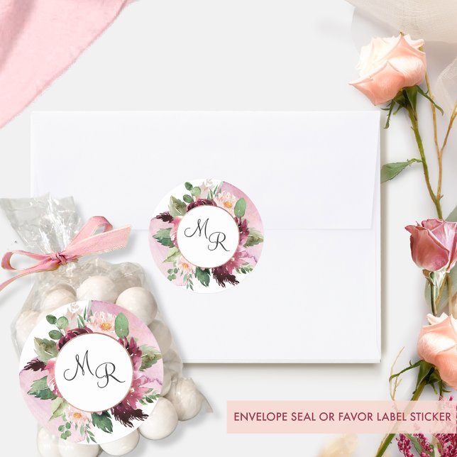 Sticker Rond Elégant Mariage d'enveloppe rose Bourgogne (Créateur téléchargé)