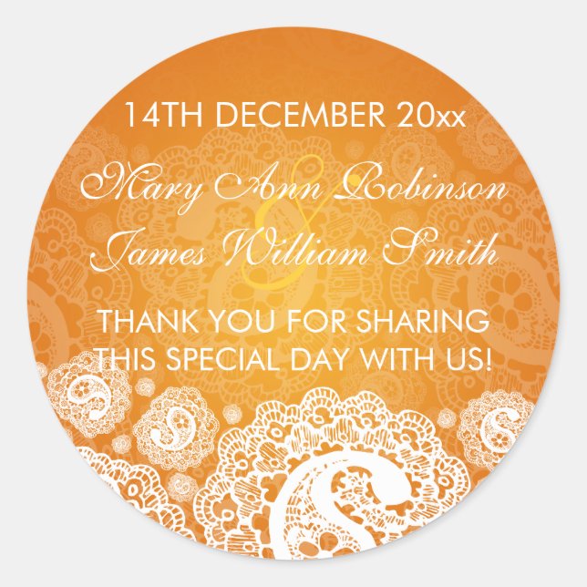 Sticker Rond Elégant mariage Favor Tag Paisley Lace Orange (Devant)