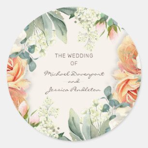 Sticker Rond Élégant Mariage Fleur de Pêche Crème Eucalyptus Fl