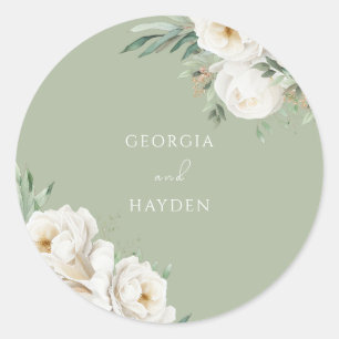 Sticker Rond Elégant Mariage floral blanc et feuille d'âge