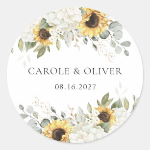 Sticker Rond Élégant Mariage floral blanc Hydrangea tournesol
