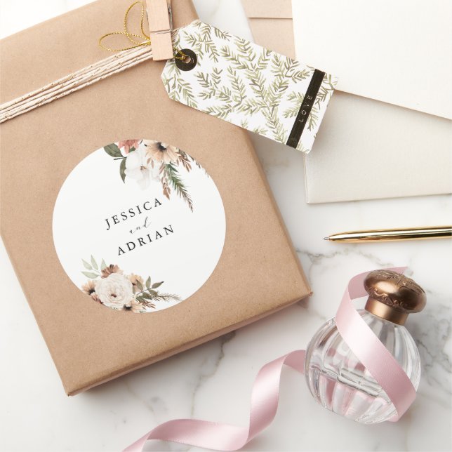 Sticker Rond Élégant Mariage Floral Boho (Cadeaux)