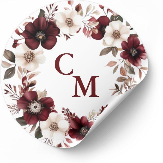 Sticker Rond Élégant Mariage floral de Bourgogne (Créateur téléchargé)