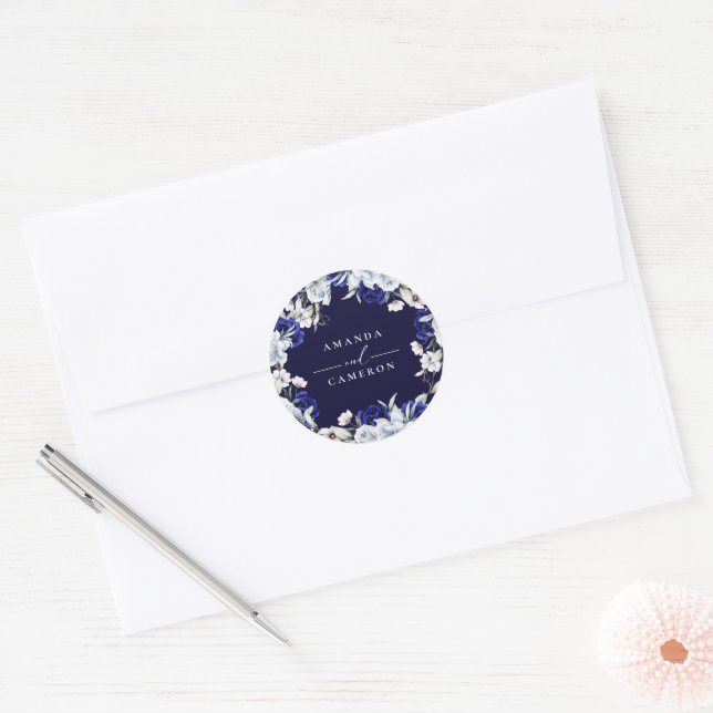 Sticker Rond Elégant Mariage floral Dusty Blue Navy (Enveloppe)