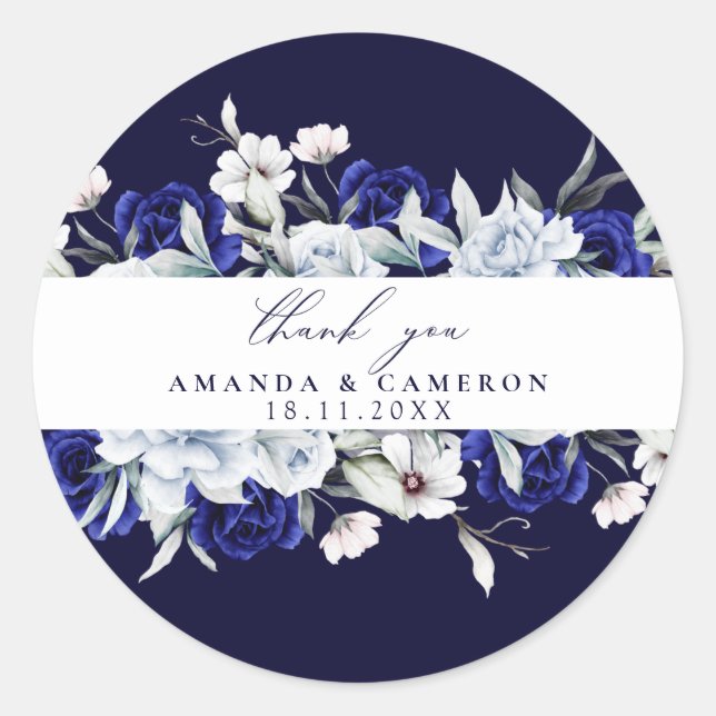Sticker Rond Elégant Mariage floral Dusty Blue Navy (Devant)