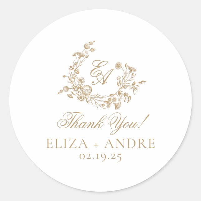 Sticker Rond Élégant Mariage Floral Gold (Devant)