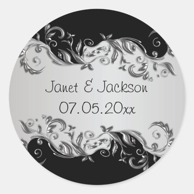 Sticker Rond Élégant Mariage floral noir et argent (Devant)