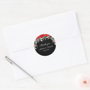 Sticker Rond Élégant Mariage Floral Noir Et Rouge