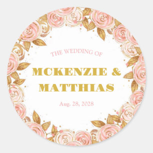Sticker Rond Élégant Mariage floral rose et or Peony