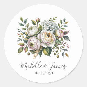 Sticker Rond Élégant mariage floral Rose Hydrangea aquarelle