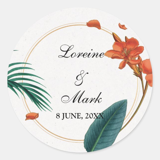 Sticker Rond Élégant Mariage floral tropical (Devant)