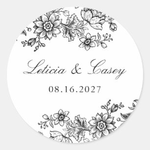 Sticker Rond Elégant mariage floral vintage noir blanc