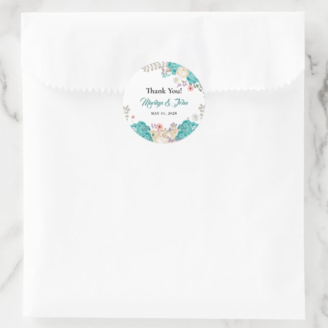 Sticker Rond Elégant Mariage Merci Aquarelle Fleurs Bleues (Sac)