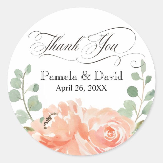 Sticker Rond Elégant Mariage Merci Floral Peach (Devant)