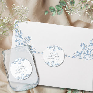 Sticker Rond Élégant Mariage minimal bleu et blanc