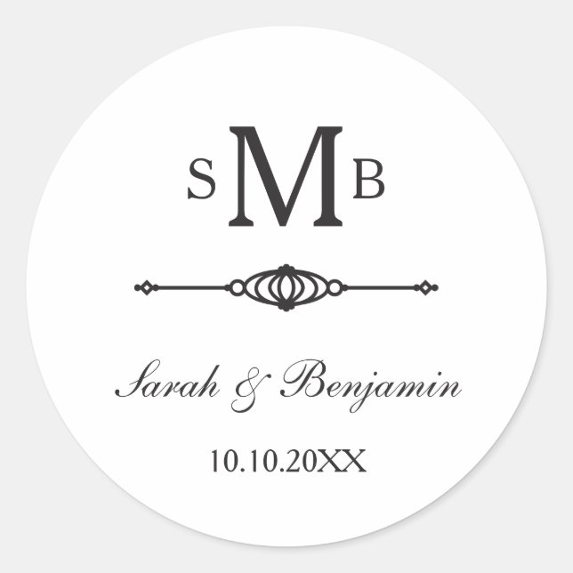 Sticker Rond Élégant Mariage Monogramme (Devant)