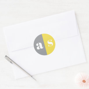 Sticker Rond Élégant mariage monogramme gris et jaune