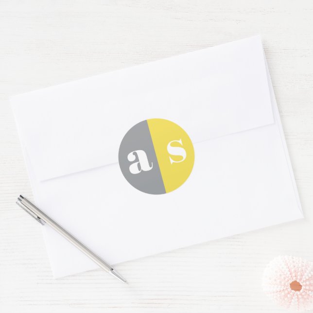 Sticker Rond Élégant mariage monogramme gris et jaune (Enveloppe)