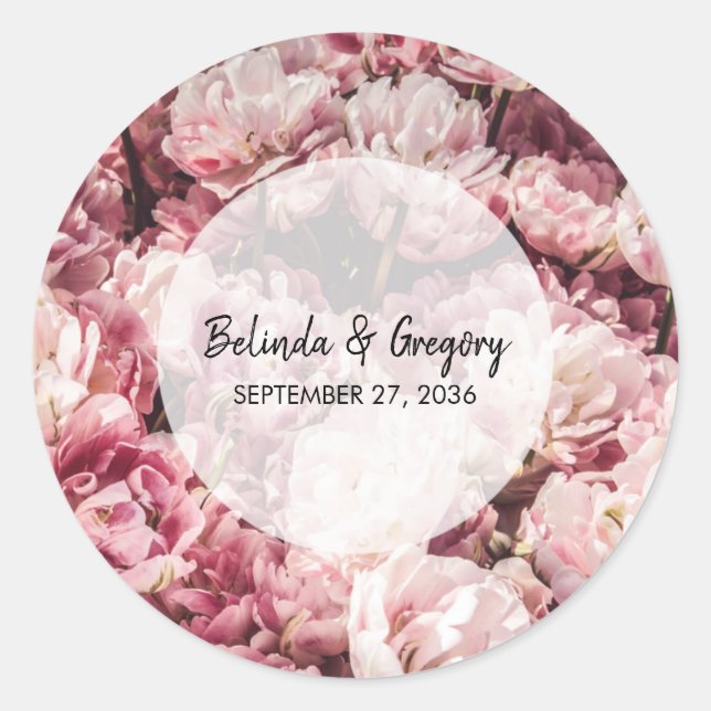 Sticker Rond Élégant Mariage Pink Peonies (Devant)