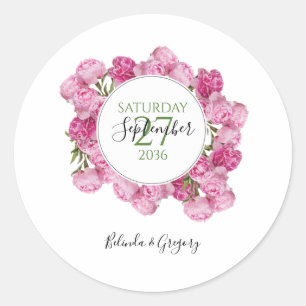Sticker Rond Élégant Mariage Pink Peonies