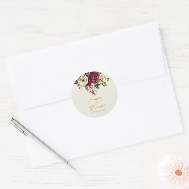 Sticker Rond Élégant Mariage Rose Floral (Enveloppe)