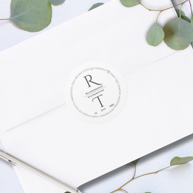 Sticker Rond Élégant Mariage simple gris blanc (Créateur téléchargé)