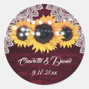 Sticker Rond Élégant Mariage Tournesol Bois Dentelle Bourgogne