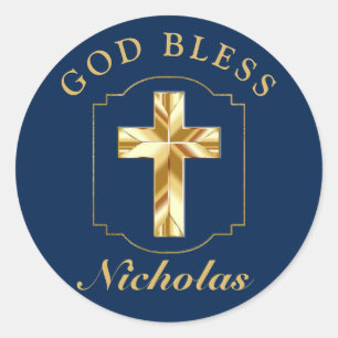 Sticker Rond Elégant Marine Blue Gold Boys Confirmation DIEU BL