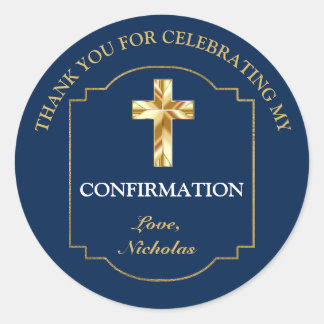 Sticker Rond Elégant Marine Blue Gold Boys Confirmation Merci