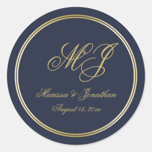 Sticker Rond Élégant Marine Blue Gold Monogramme Mariage de scr