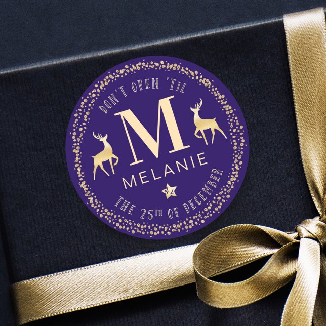 Sticker Rond Elegant Marine & Gold l Ne pas ouvrir jusqu'à Noël (Elegant Navy & Gold l Do Not Open Til Christmas Classic Round Sticker)