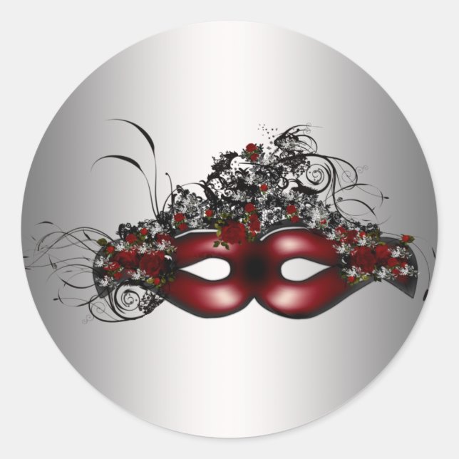Sticker Rond Elégant Mascarade rouge Masque Masque Argent Envel (Devant)