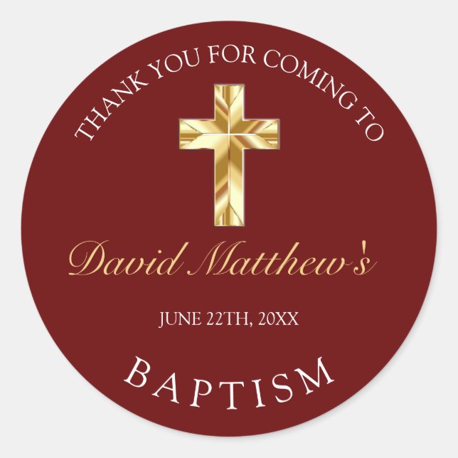 Sticker Rond Élégant Merci Baptême Bébé Burgundy Or (Devant)