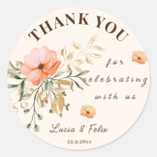 Sticker Rond Élégant Merci de fleurs de la chute d'or Mariage
