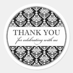 Sticker Rond Élégant Merci de Mariage damassé noir et blanc